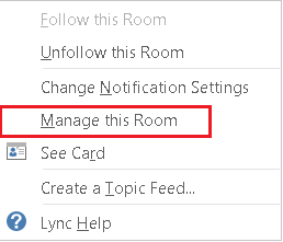 Screenshot of dropdown list with manage this room selected