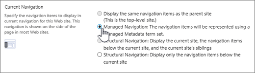 Current navigation section with managed navigation selected