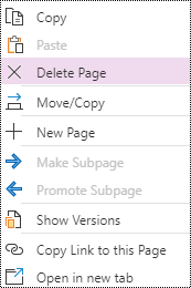 Delete Page option highlighted in the page context menu in OneNote for Windows 10.