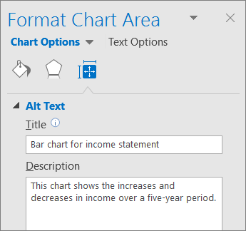 Screenshot of the Alt Text area of the Format Chart Area pane describing the selected chart