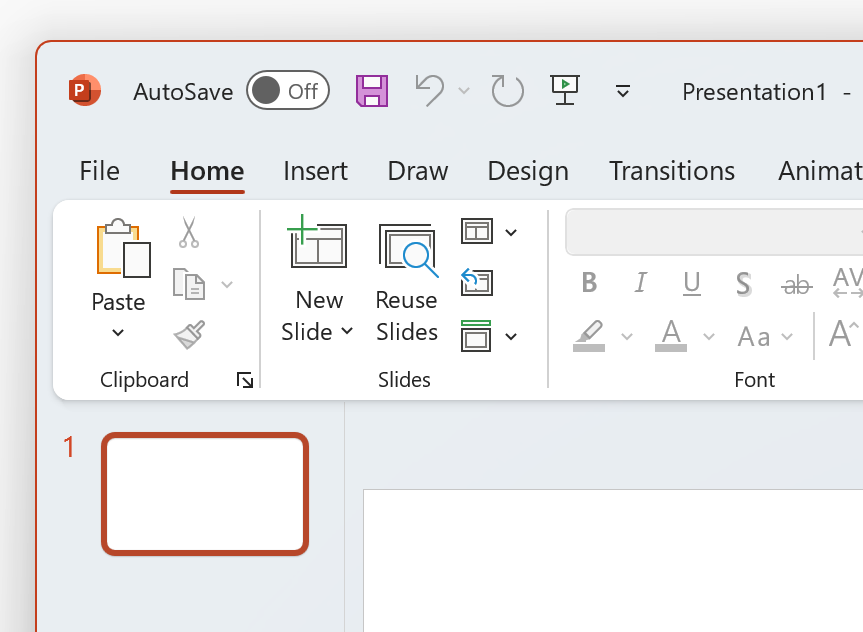A screenshot of the top left of PowerPoint in White theme.