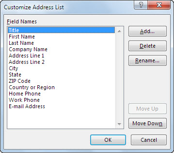 Customize Address List dialog box