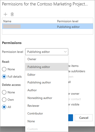 Screenshot showing Permission level dropdown when sharing a folder