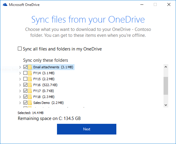 Selectively syncing OneDrive for Business folders