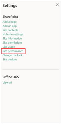 SharePoint settings panel with Site performance selected