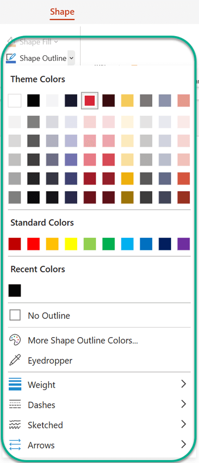On the Shape tab, under Shape Outline, you can select a color to apply to the currently selected shape.