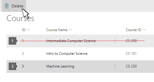 Courses list attempting to delete two items.