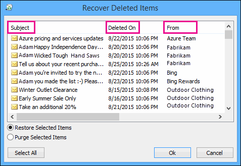 Click a column header to sort recoverable items