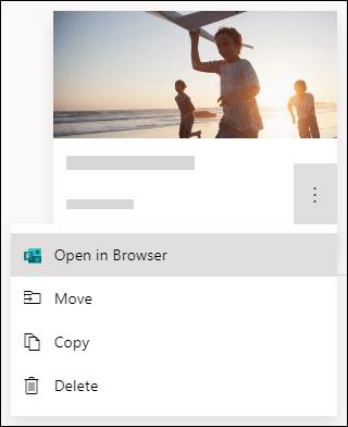 Options to open a form in a browser, move a form, copy a form, or delete a form for Microsoft Forms