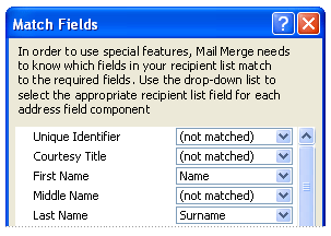 Match Fields dialog box