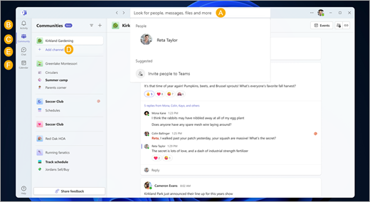Shows Microsoft Teams (free) desktop experience with callouts for the included features.