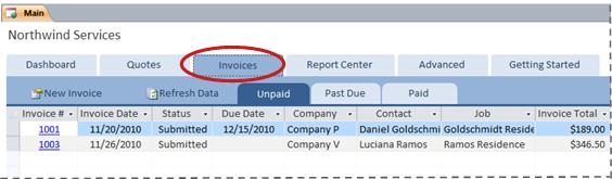 Invoices tab of the Services database template