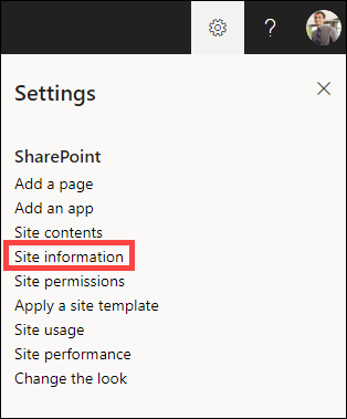 Settings panel open with site information highlighted.