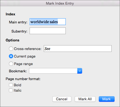 The Mark Index Entry options are shown