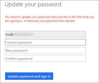 Office 365 prompts the user to create a new password.