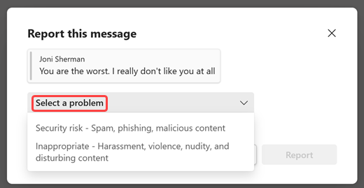 Screenshot showing popup box with options for the type of message you're reporting.