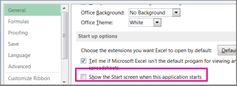 Excel option to turn off the start screen when you open Excel