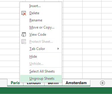 On the right-click menu, Ungroup Sheets has been selected.