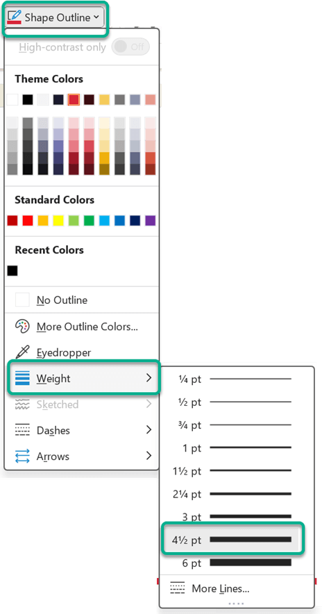 Shows different line weights in Office