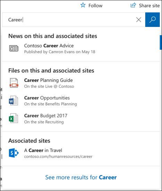 Search results on a SharePoint hub site
