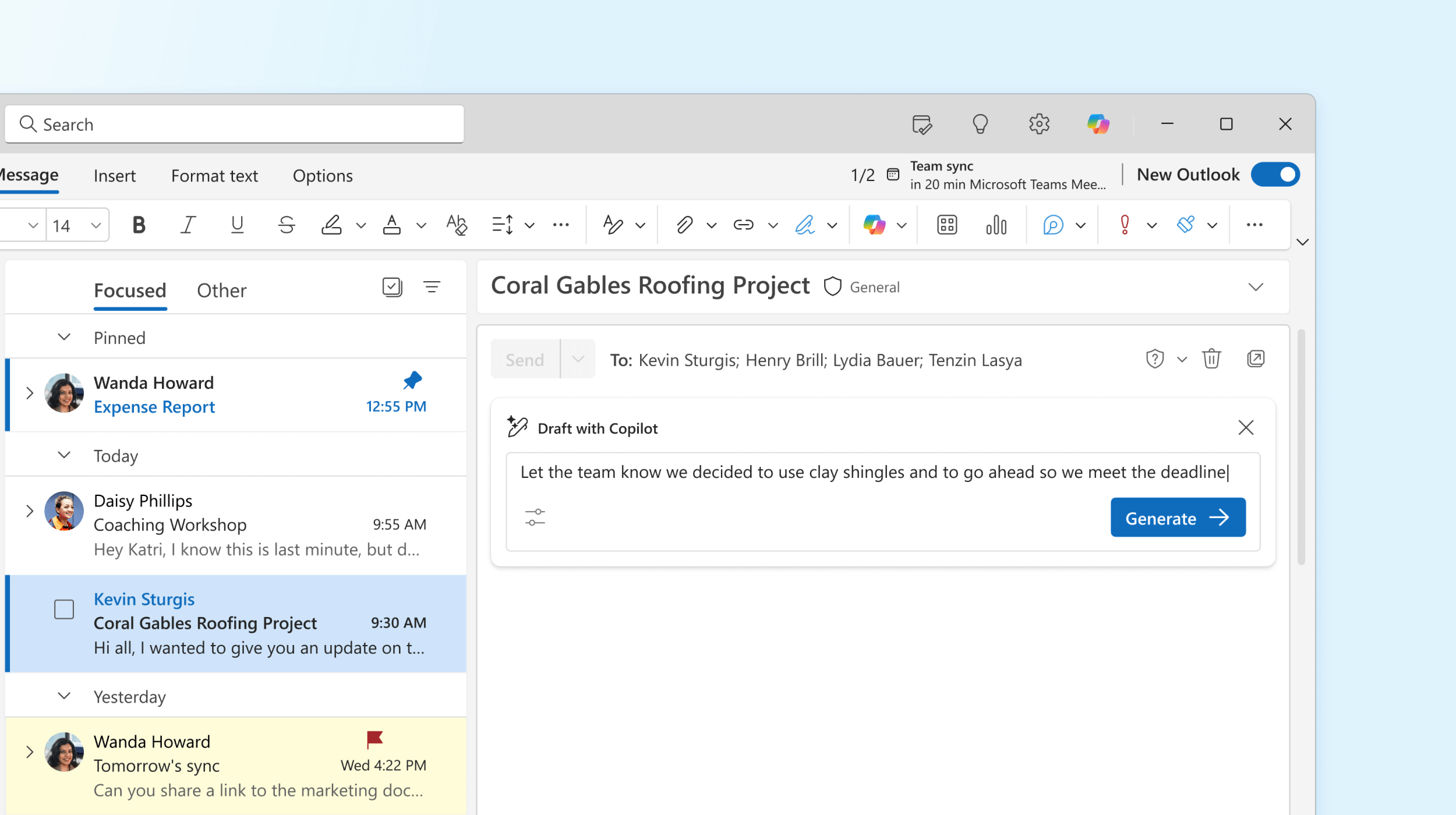 Screenshot shows Copilot in Outlook drafting an email message.
