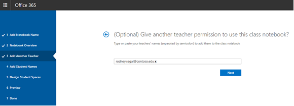 Screenshot of the optional additional teacher permissions step.