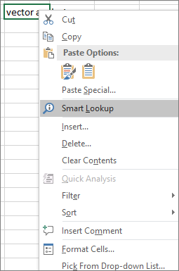 Smart Lookup on the shortcut menu in Excel 2016 for Windows