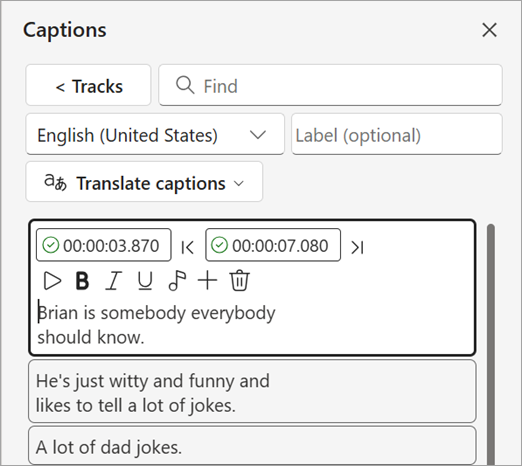 Editing the text cues in a captions track in the Captions pane.