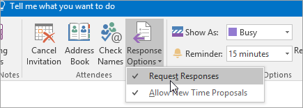 A screenshot of the Request Responses button in Outlook 2016 for Windows