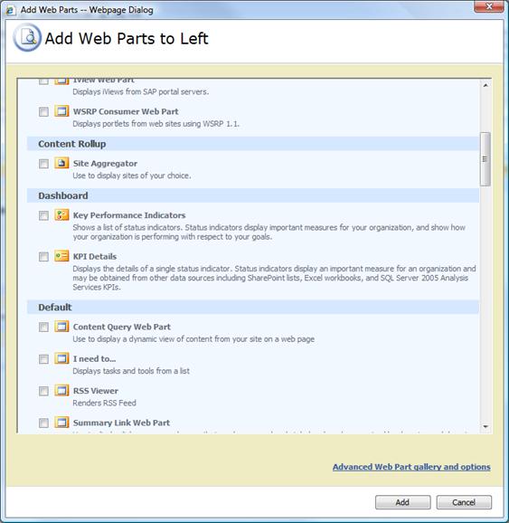 categories of web parts on the add web parts dialog box