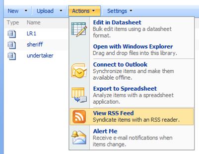 SharePoint site Actions menu showing View RSS Feed selection