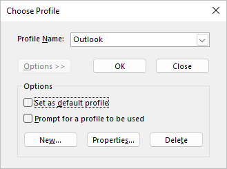 Choose profile dialog box with the name of the new profile and no options are selected.
