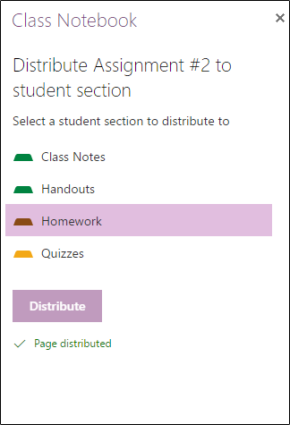 Example of distributed assignment in OneNote for the web