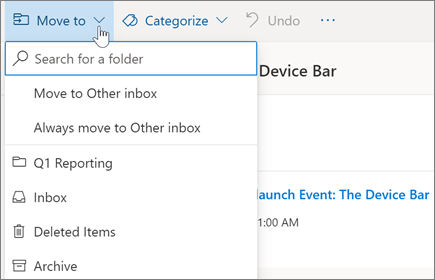 Moving an email to a folder in Outlook on the web