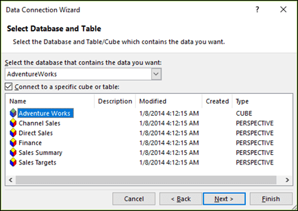 Data connection wizard > Select database and table