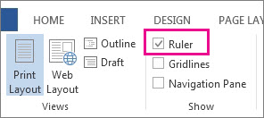 Screenshot of the View tab in Word 2013, showing the Ruler option selected and highlighted.
