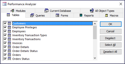 The Performance Analyzer dialog box in Access