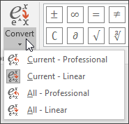 Image of the Convert menu showing the format optioons for converting the equation.