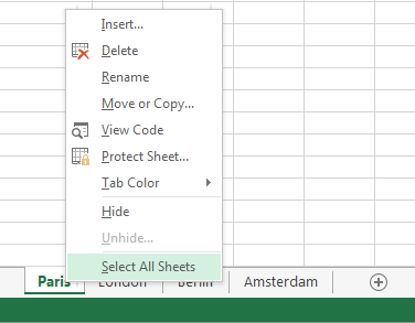 On the right-click menu, Select All Sheets has been selected.
