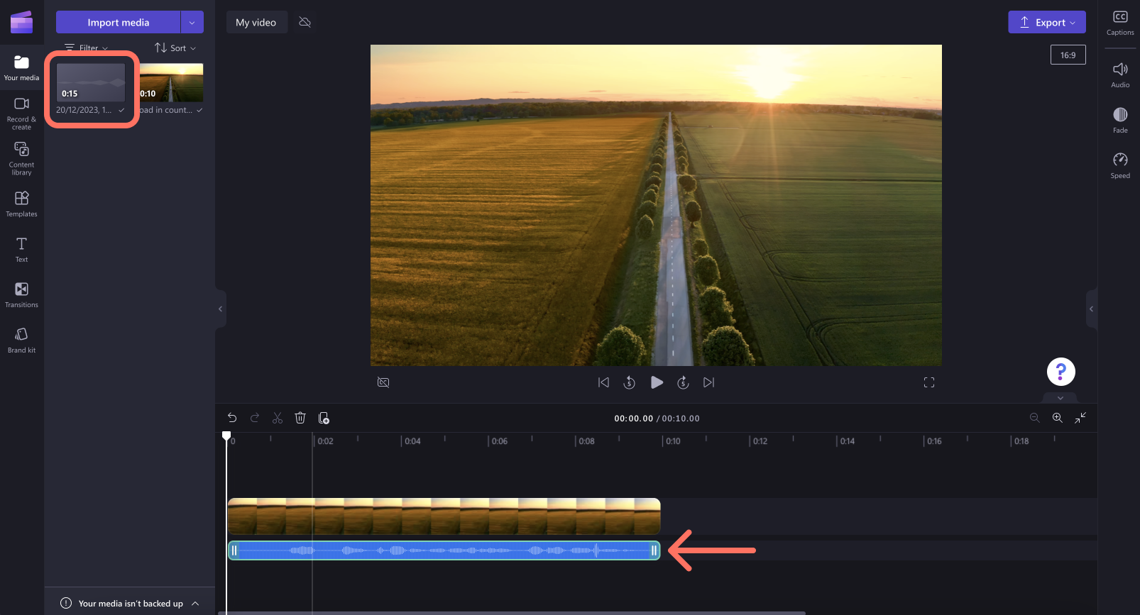 An image of the audio file on the timeline and in the your media tab.