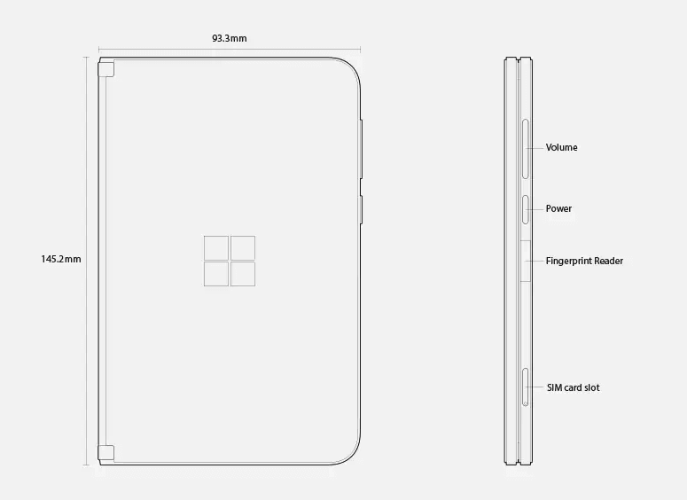 Shows Surface Duo dimensions and features, with device closed.