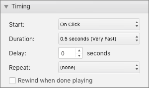 Screenshot shows the Timing section of the Animations pane with the Start, Duration, Delay, and Repeat options and a check box for Rewind when done playing.