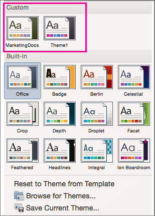 The Themes menu shows custom and built-in themes