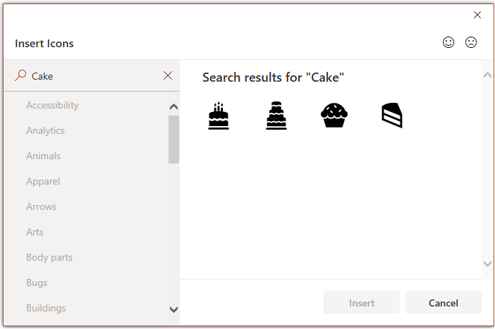 Insert Icons dialog box with the results of a search visible