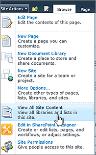 View all site content on the Site actions menu