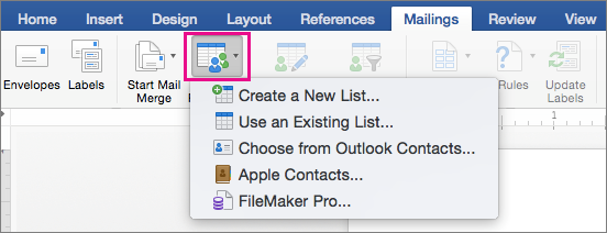 On the Mailings tab, Select Recipients is highlighed with a list of options