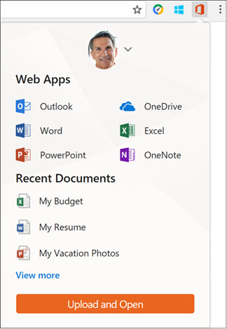 Click the Office Online extension in the Chrome extensions bar to open the Office Online panel.