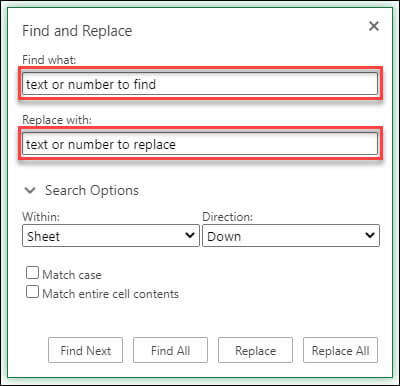 Replace text or numbers in a workbook or worksheet by pressing Ctrl+H