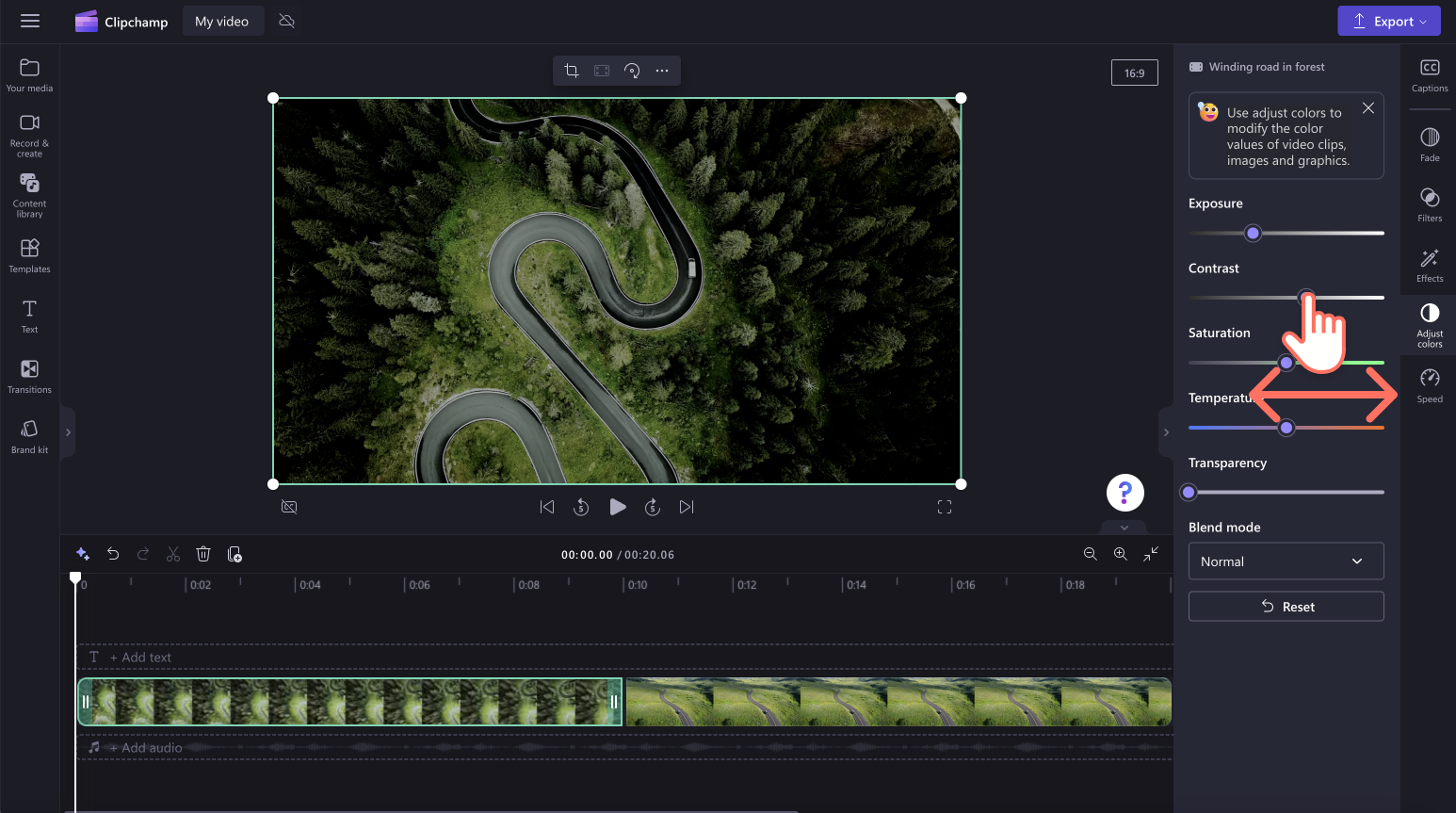 An image of a user editing the color of a video using the slider.