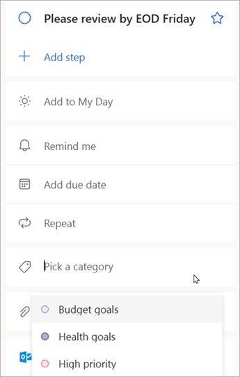 When the task details are displayed, select Pick a category to assign a category you've already created in Outlook.
